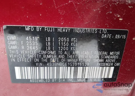 2016 Subaru Legacy 2.5I Premium from USA, damaged, VIN 4S3BNBC61G3016528